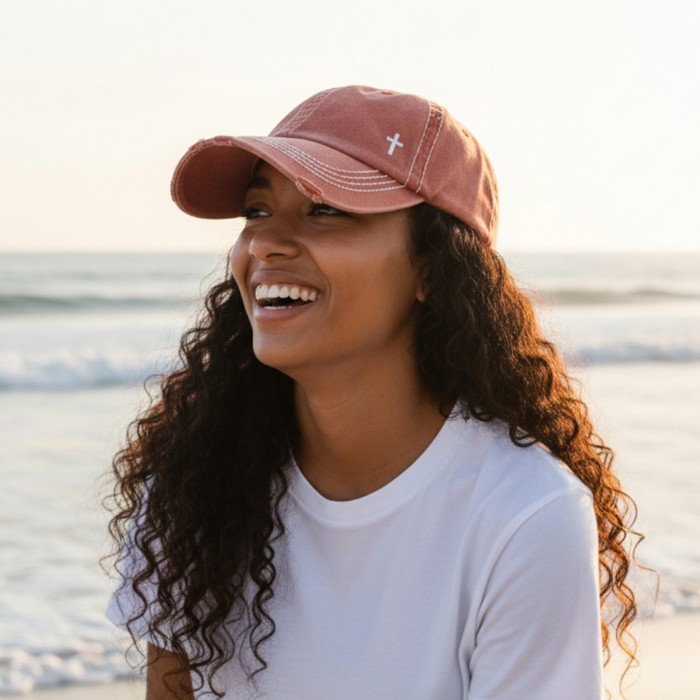 Mini Embroidered Cross Distressed Cap, Choose Hat Color