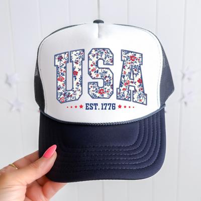 Americana Fourth of July Navy Trucker Hat, Faux Embroidery, USA