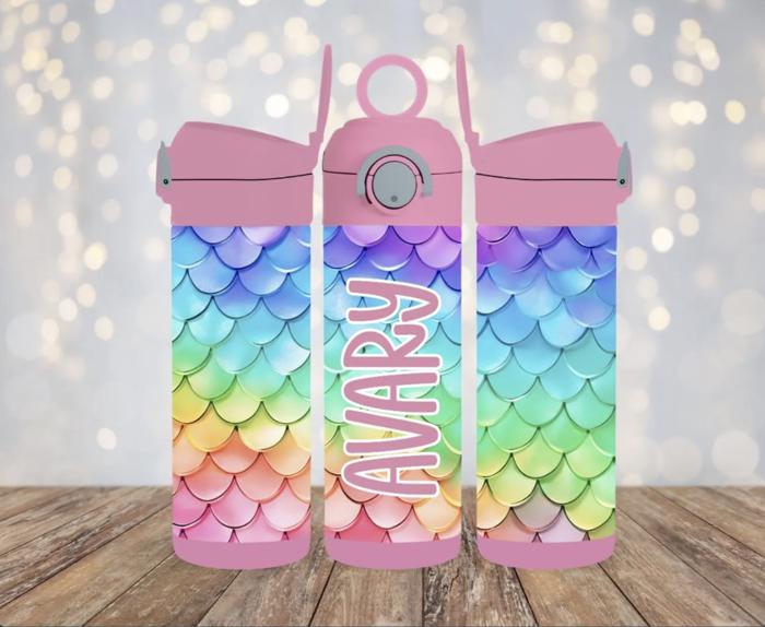 Mermaid Rainbow Scales Kids Flip-Tp Leak-Proof Personalized Water Bottle
