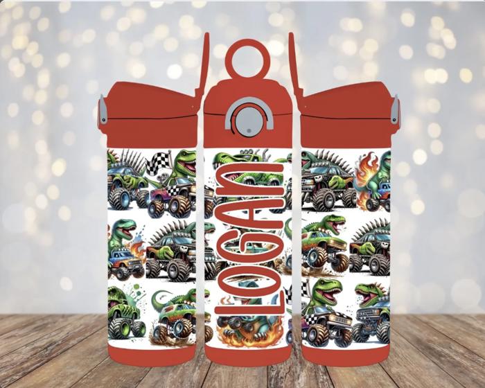 Monster Trucks and Dinosaurs Personalized 12 oz Kids Water Bottle