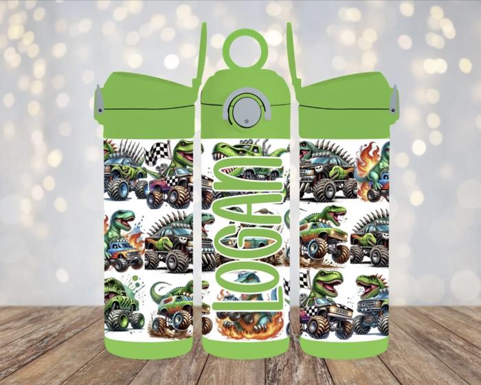Monster Trucks and Dinosaurs Personalized 12 oz Kids Water Bottle