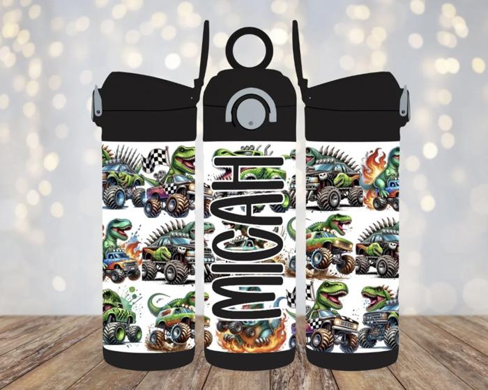 Monster Trucks and Dinosaurs Personalized 12 oz Kids Water Bottle