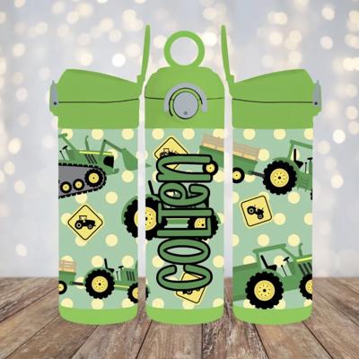 Green Tractors 12 oz Flip Top Leak Proof Personalized Kids Water Bottle