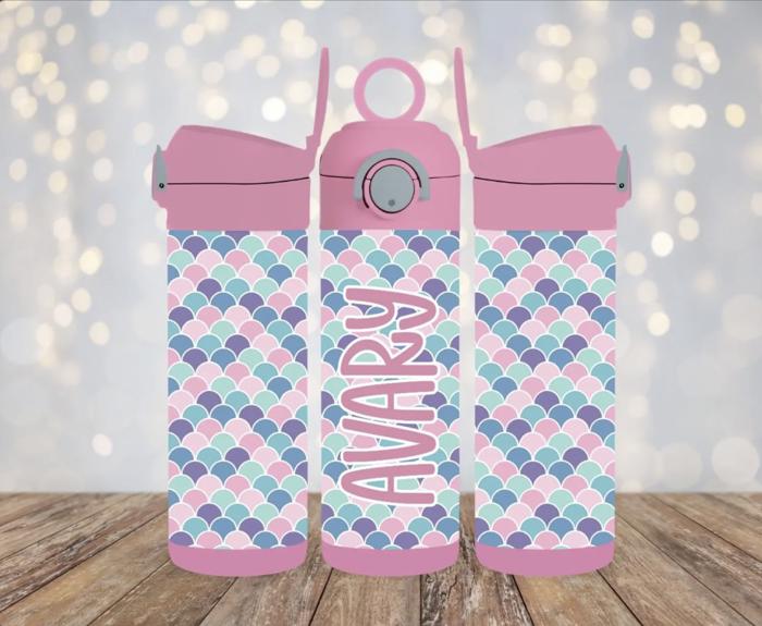 Mermaid Scales Pastel 12oz Flip Top Leak Proof Kids Water Bottle Tumbler