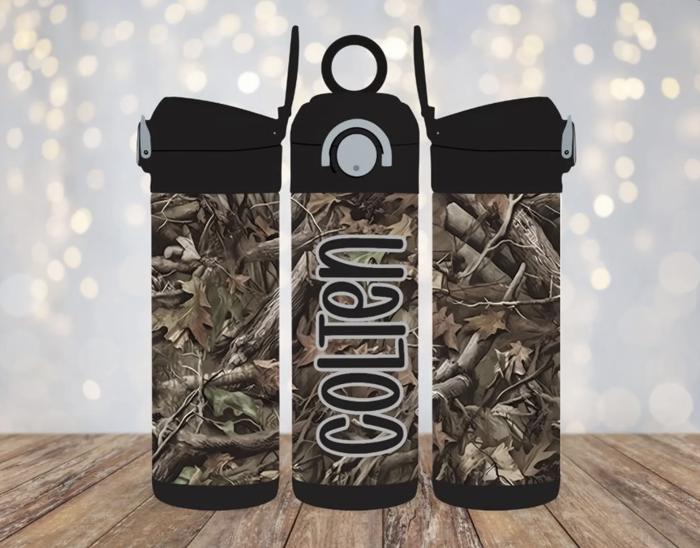 Camo 12 oz Personalized Flip Top Leak Proof Kids Water Bottle