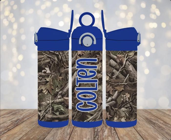 Camo 12 oz Personalized Flip Top Leak Proof Kids Water Bottle