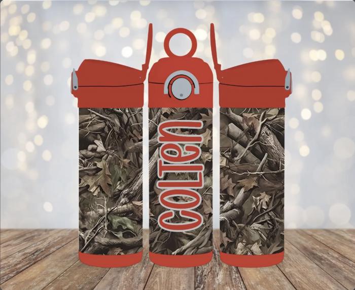 Camo 12 oz Personalized Flip Top Leak Proof Kids Water Bottle