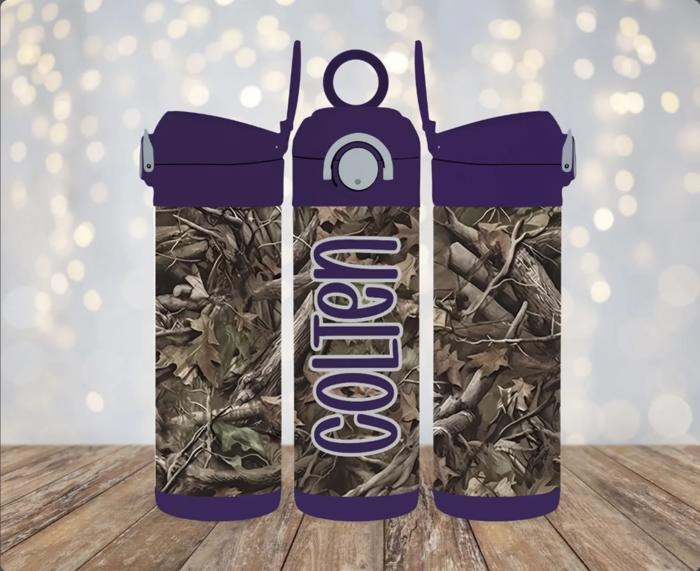 Camo 12 oz Personalized Flip Top Leak Proof Kids Water Bottle