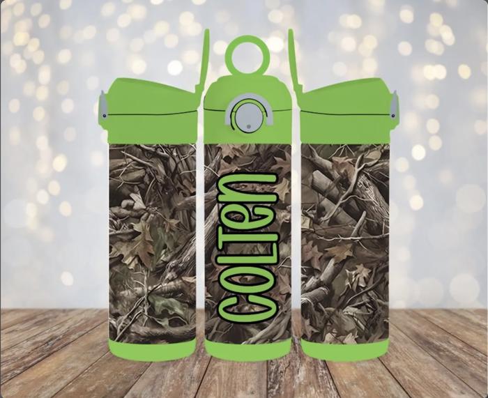 Camo 12 oz Personalized Flip Top Leak Proof Kids Water Bottle