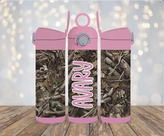 Camo 12 oz Personalized Flip Top Leak Proof Kids Water Bottle