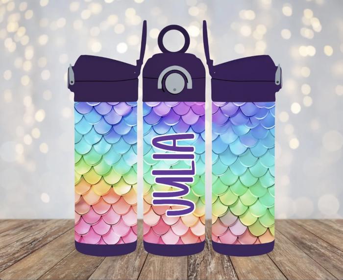 Mermaid Rainbow Scales Kids Flip-Tp Leak-Proof Personalized Water Bottle