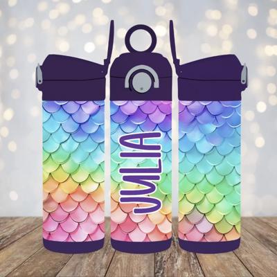 Mermaid Rainbow Scales Kids Flip-Tp Leak-Proof Personalized Water Bottle