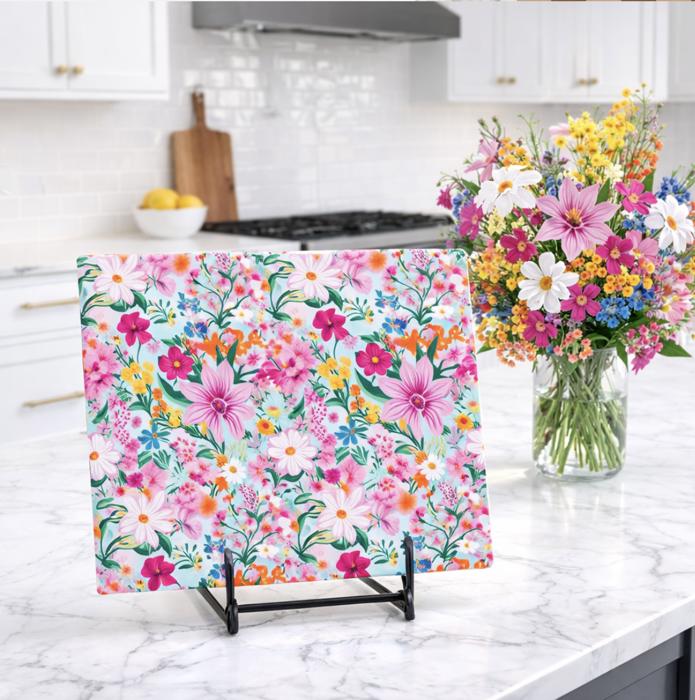 11" x 15" Spring Ditsy Flowers Glass Chopping Cutting Board  