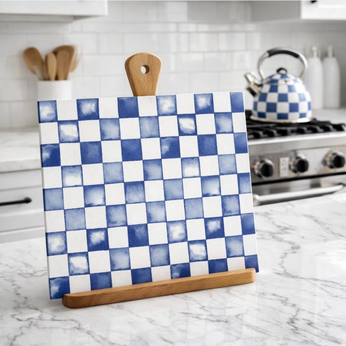 11" x 15" Royal Blue Checkered Glass Cutting Board Kitchen Decor