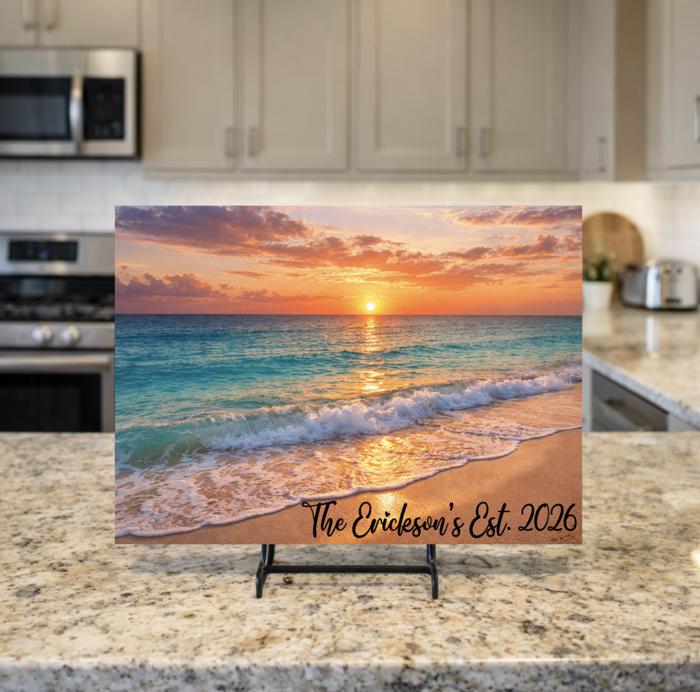 Ocean Beach Sunset 15" x 11" Personalized Tempered Glass Cutting Board