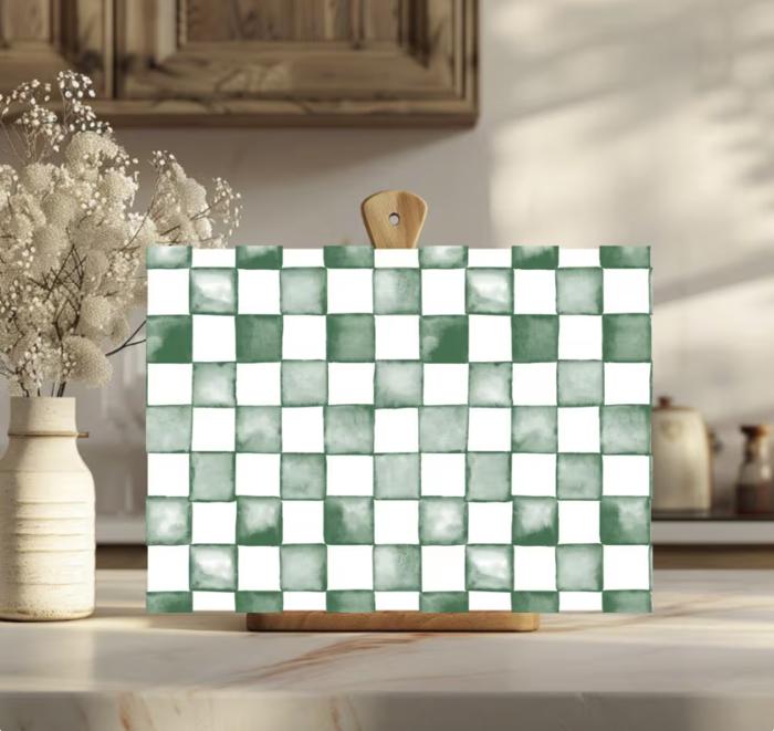 Green Check 15" x 11" Tempered Glass Cutting Board