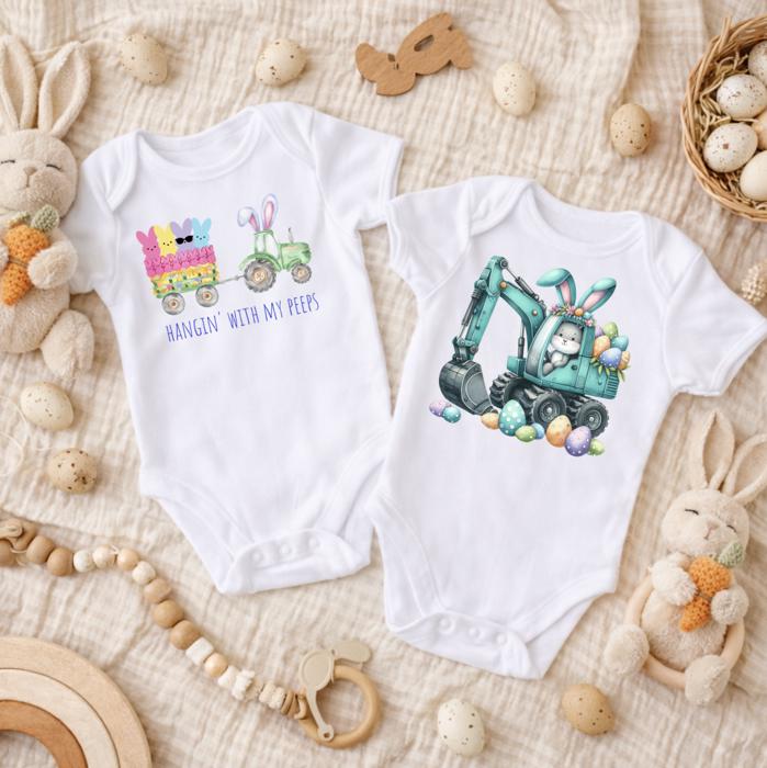 Easter Baby Boy Bodysuits, Tractor and Dozer