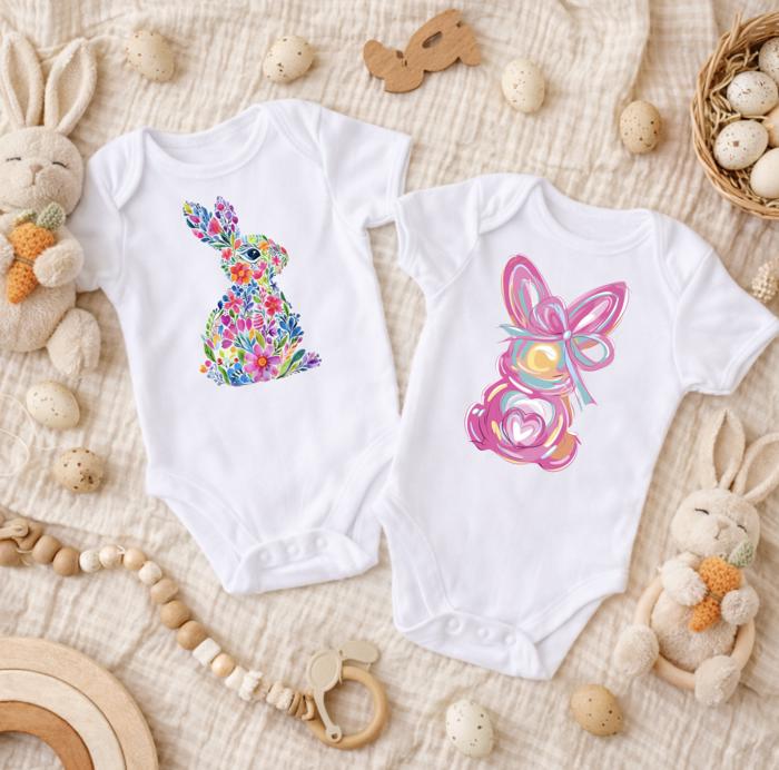 Floral and Brushstroke Easter Bunny Bodysuits