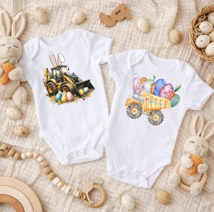 Easter Construction Dozer and Dump Truck Baby Bodysuit