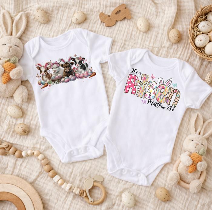 Easter Baby Bodysuits with Cows and Bunnies