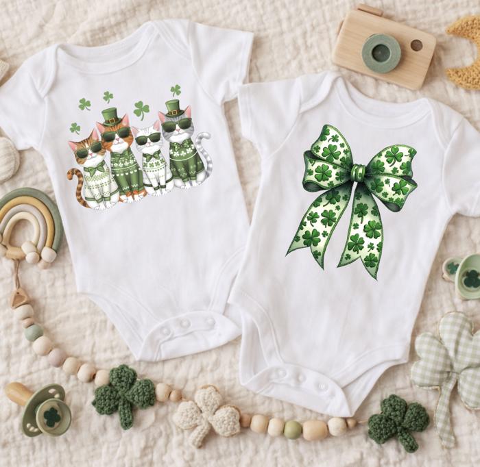 St Patrick's Day Cat's and Coquette Bow Baby Bodysuit