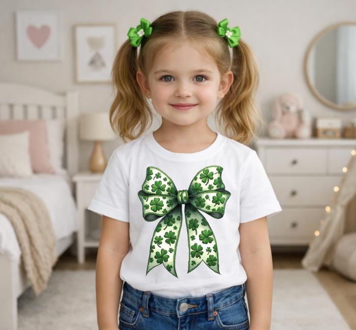 St Patricks's Day Shamrock Coquette Bow Girls Tee Shirt