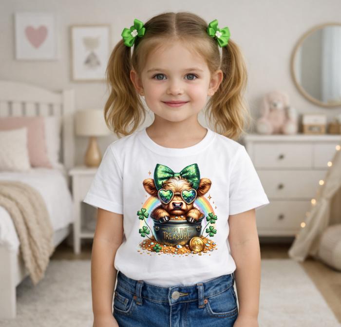 St Patricks Day Highland Heifer Treasure Girls Tee Shirt