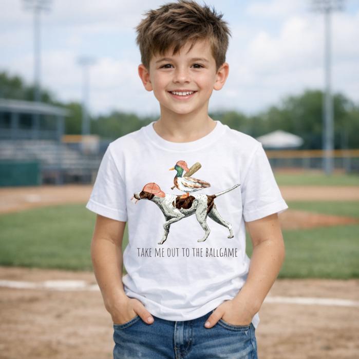 Take Me Out to The Ballgame Mallard and Dog Baseball Tee Shirt