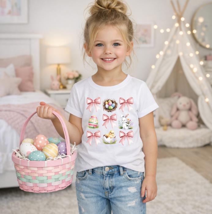 Girls Easter Tee Shirt, Coquette Bows and Bunny
