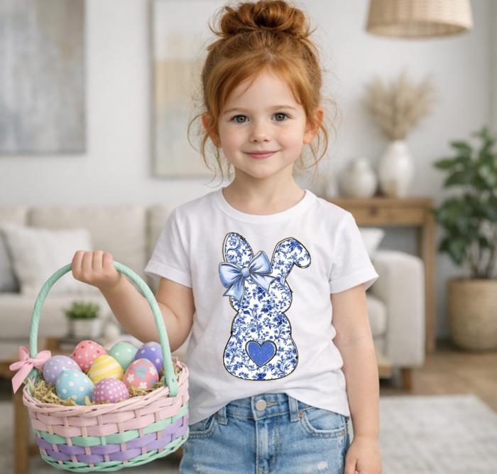 Blue Toile Easter Bunny with Bow Girls Tee Shirt