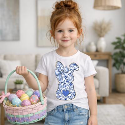 Blue Toile Easter Bunny with Bow Girls Tee Shirt