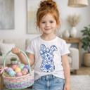  Blue Toile Easter Bunny with Bow Girls Tee Shirt