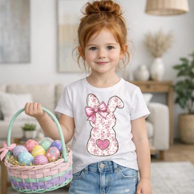 Pink Toile Bunny with Bow Girls Easter Bunny Tee Shirt