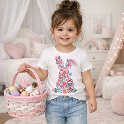 Floral Bunny with Bow Girls Easter Tee Shirt