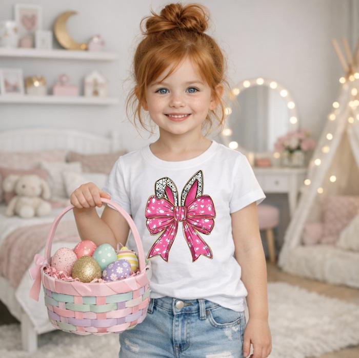 Easter Bunny Ears Coquette Bow Girls Tee Shirt