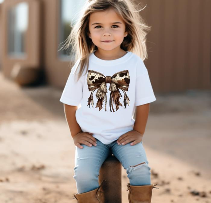 Girls Western Cowhide Boho Fringe Tassels and Feathers Tee Shirt