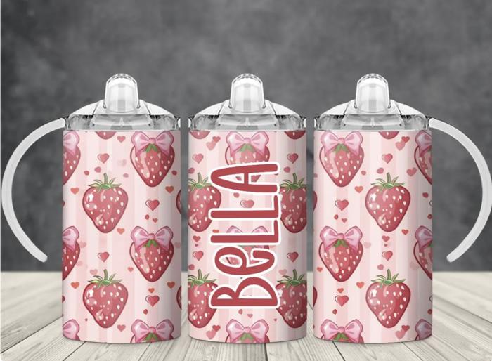 Strawberries and Bows Girls Personalized 12 oz Sippy Cup