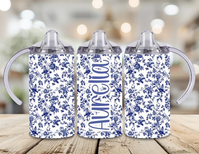 Blue Toile Floral Girls 12 oz Sippy Cup 