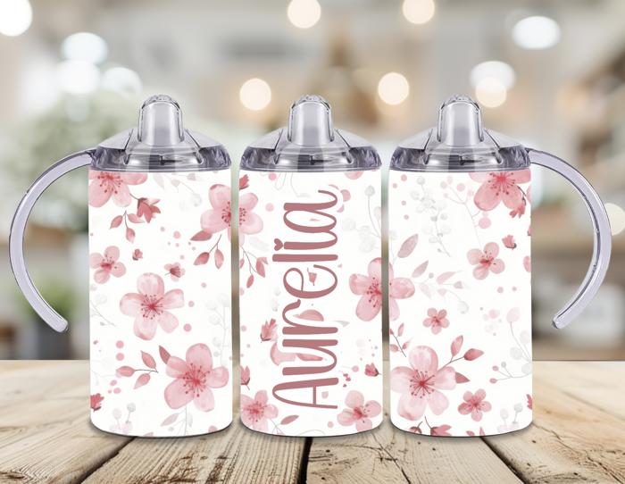 Pink Flowers Girls 12 oz Stainless Steel Sippy Cup