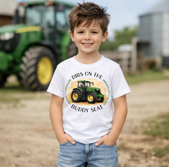 Dibs on the Buddy Seat Green Tractor Harvest Kids Onesie and Tee Shirts