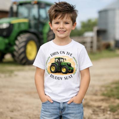Dibs on the Buddy Seat Green Tractor Kids Harvest Tee Shirt