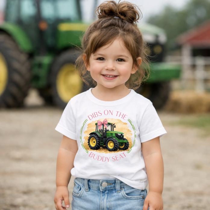 Dibs on the Buddy Seat Green Tractor Harvest Kids Onesie and Tee Shirts