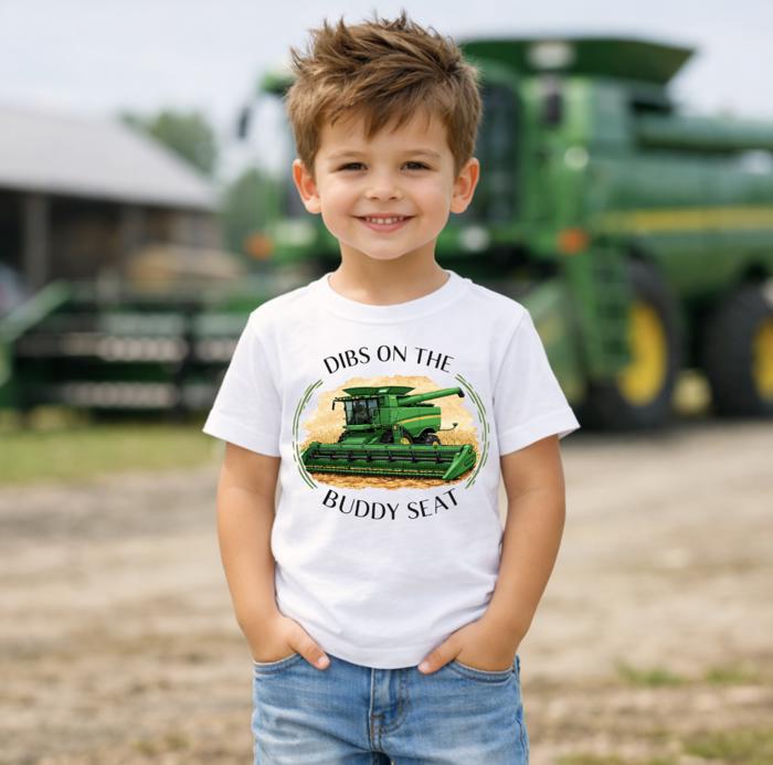 Dibs on the Buddy Seat Green Tractor Harvest Kids Onesie and Tee Shirts
