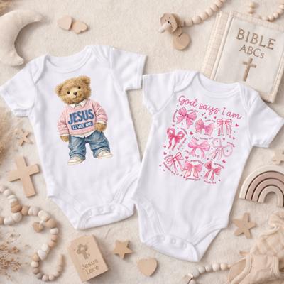 Jesus Loves Me Teddy Bear , God Says I am Coquette Bows Christian Baby Onesies