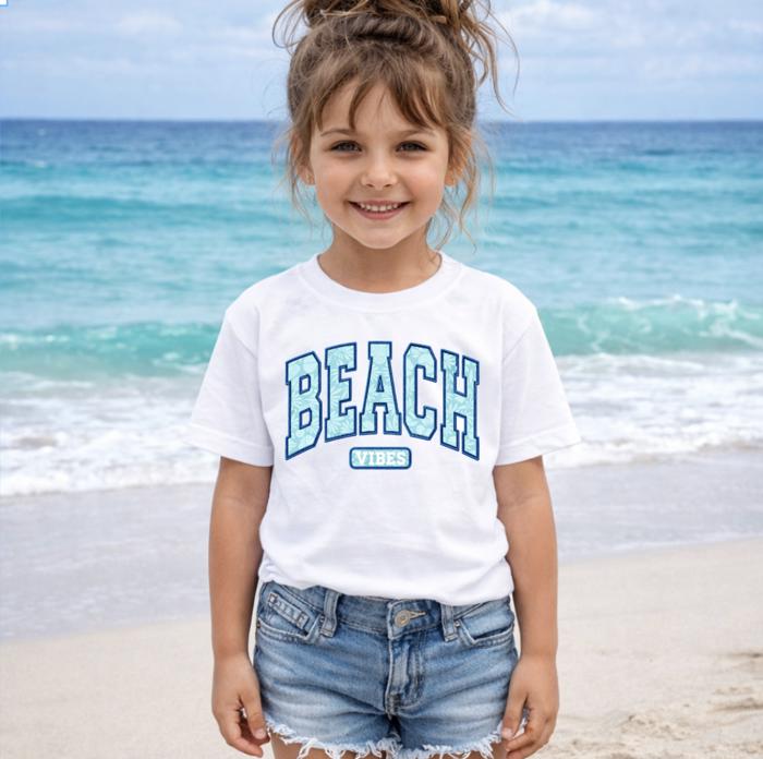 Beach Vibes Faux Embroidery Lined letters Girls Summer Tee Shirt