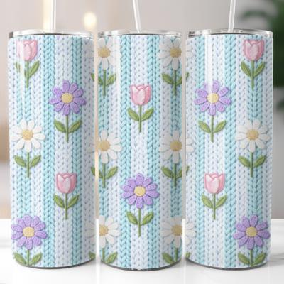 Blue and White Striped Daisies and Tulips Knitting Design 20 oz Tumbler