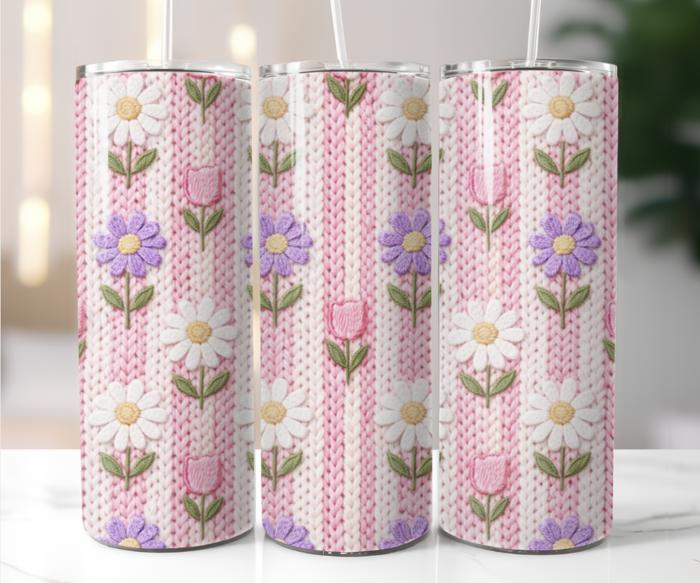 Pink and White Striped Floral Knitting Design 20 oz Tumbler