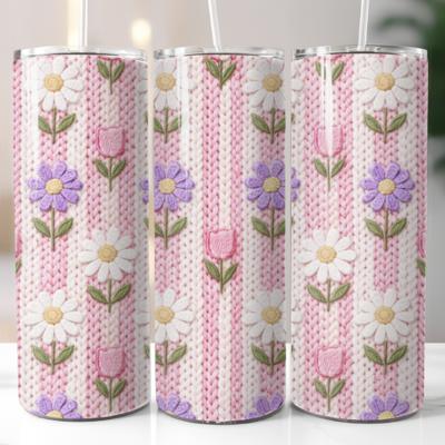 Pink and White Striped Floral Knitting Design 20 oz Tumbler