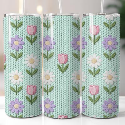 Mint Tulips and Daisies Floral Knitting Pattern 20 oz Tumbler