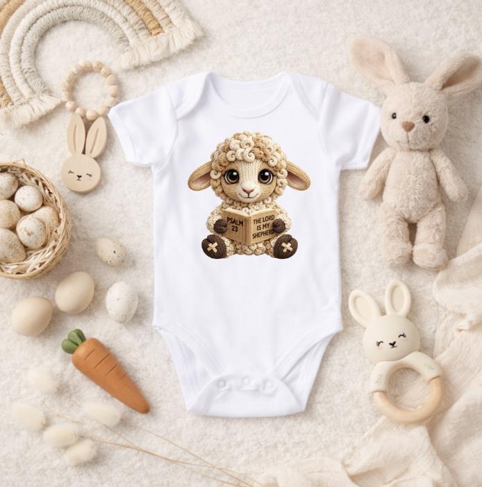 The Lord is my Shepherd Lamb Faux Knitting Design Baby Onesie